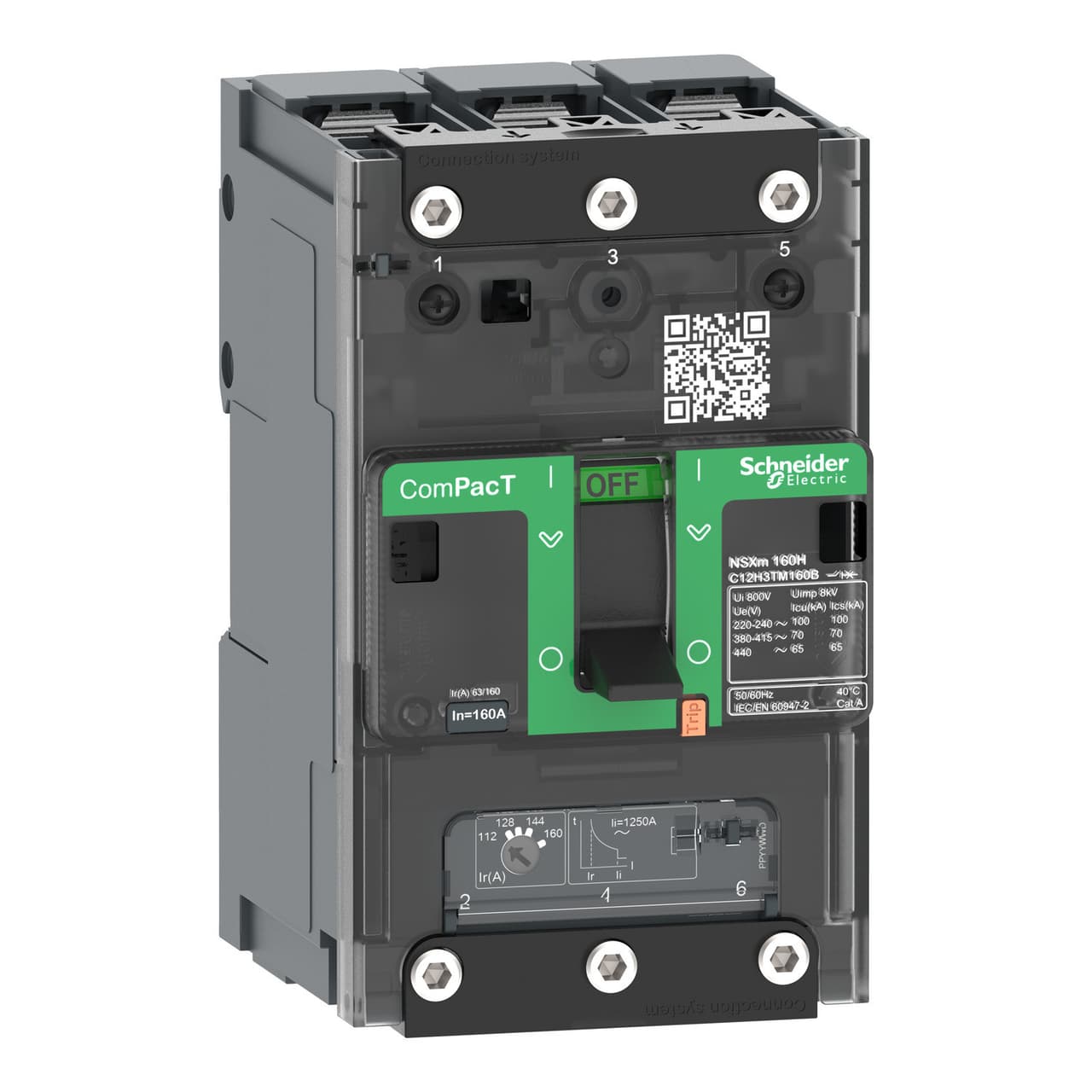 قاطع الدائرة الكهربائية شنايدر C12E3TM160B | ComPacT NSXm 160E، 16 كيلو أمبير/415 فولت تيار متردد، 3 أقطاب، وحدة فصل TMD 160 أمبير، أطراف توصيل/قضبان توصيل
