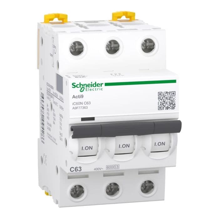 قاطع الدائرة المصغر شنايدر إلكتريك Acti9 iC60N، ثلاثي الأقطاب، 63 أمبير، منحنى التيار المستمر
