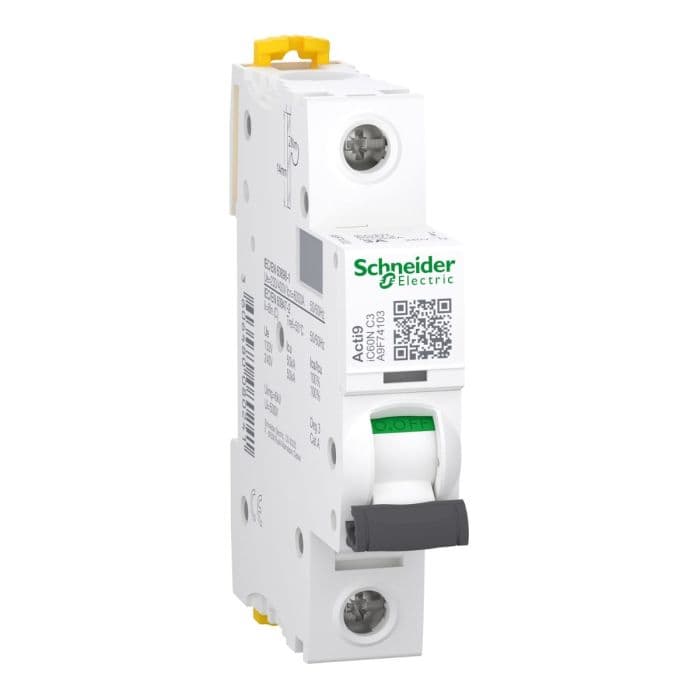 قاطع الدائرة المصغر من شنايدر إلكتريك، Acti9 iC60N، أحادي القطب، 3 أمبير، منحنى C، 6000 أمبير، 10 كيلو أوم