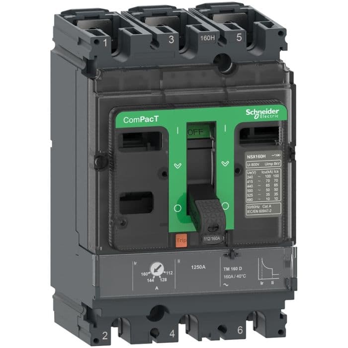 قاطع دائرة كهربائية من شنايدر إلكتريك، طراز ComPacT NSX100B، بقدرة 25 كيلو أمبير/415 فولت تيار متردد، 3 أقطاب، وحدة فصل TMD بقدرة 16 أمبير